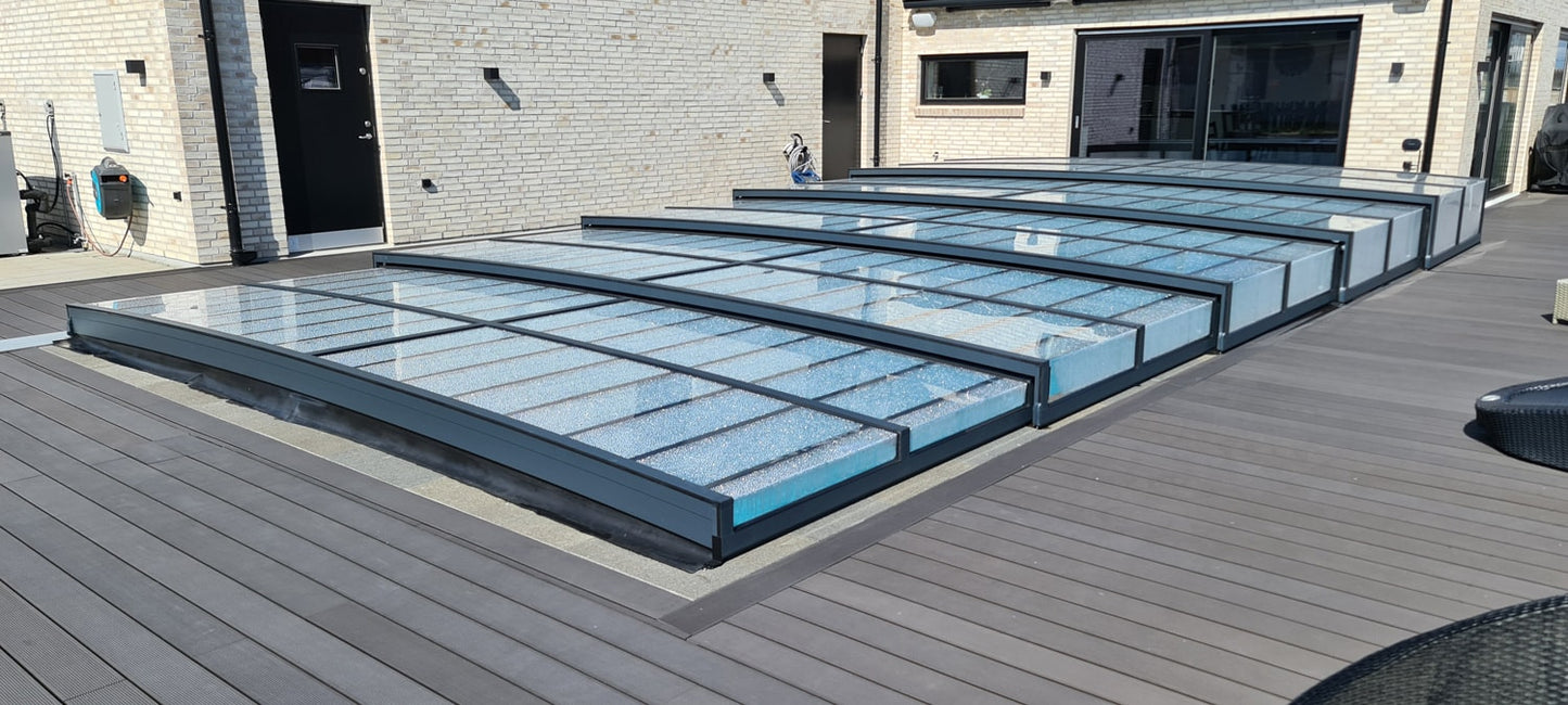 Pooloverdækning ICON KIT S1 3×6 (klart glas, sidedør, enkelt skinne, antracit)