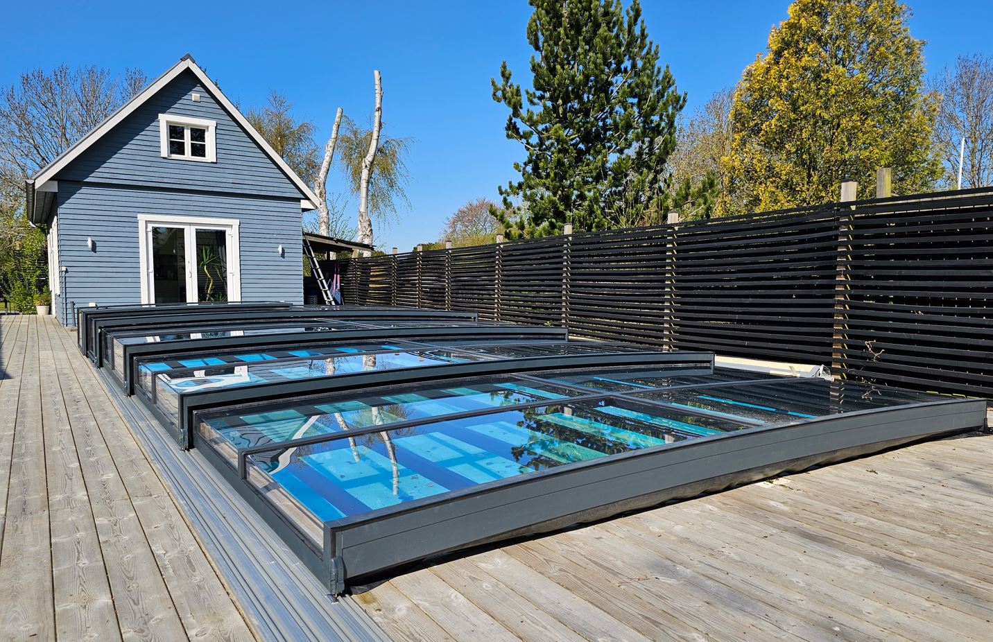 Pooloverdækning ICON KIT S1 3×6 (klart glas, sidedør, enkelt skinne, antracit)